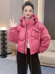 2024 Winter Women Candy Color Puffer Jacket Female Loose Warm Short Hooded Parkas Long Sleeve Pocket Down Coat