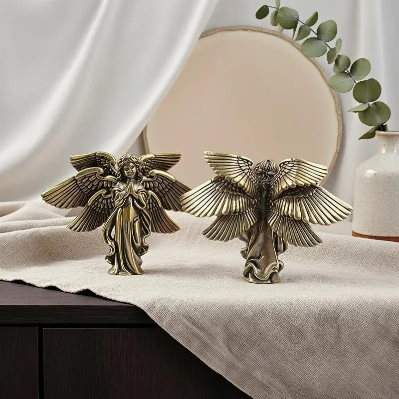 Copper Six Winged Angel Love Cupid Statue Small Ornament Brass Angel Figurines Desktop Decoration Home Decor Accessories