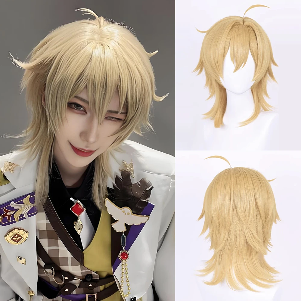 

Synthetic Short Straight Blonde Mullet Head Wigs with Bangs For Men Anime Game Cosplay Party Heat Resistant Fake Hair