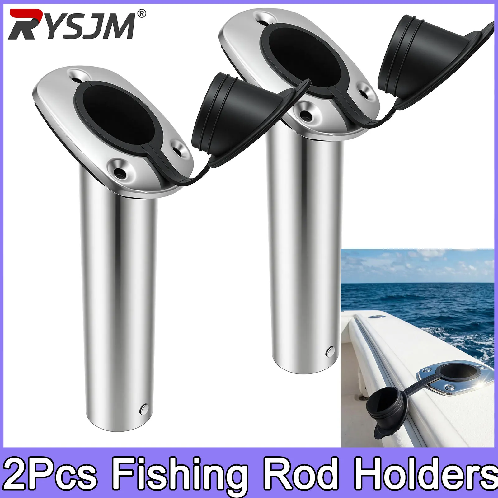2Pcs 30 Degree Fishing Rod Holders Stainless Steel with Rubber Cap, Liner, Gasket Boat Accessories Fishing Rod Holder