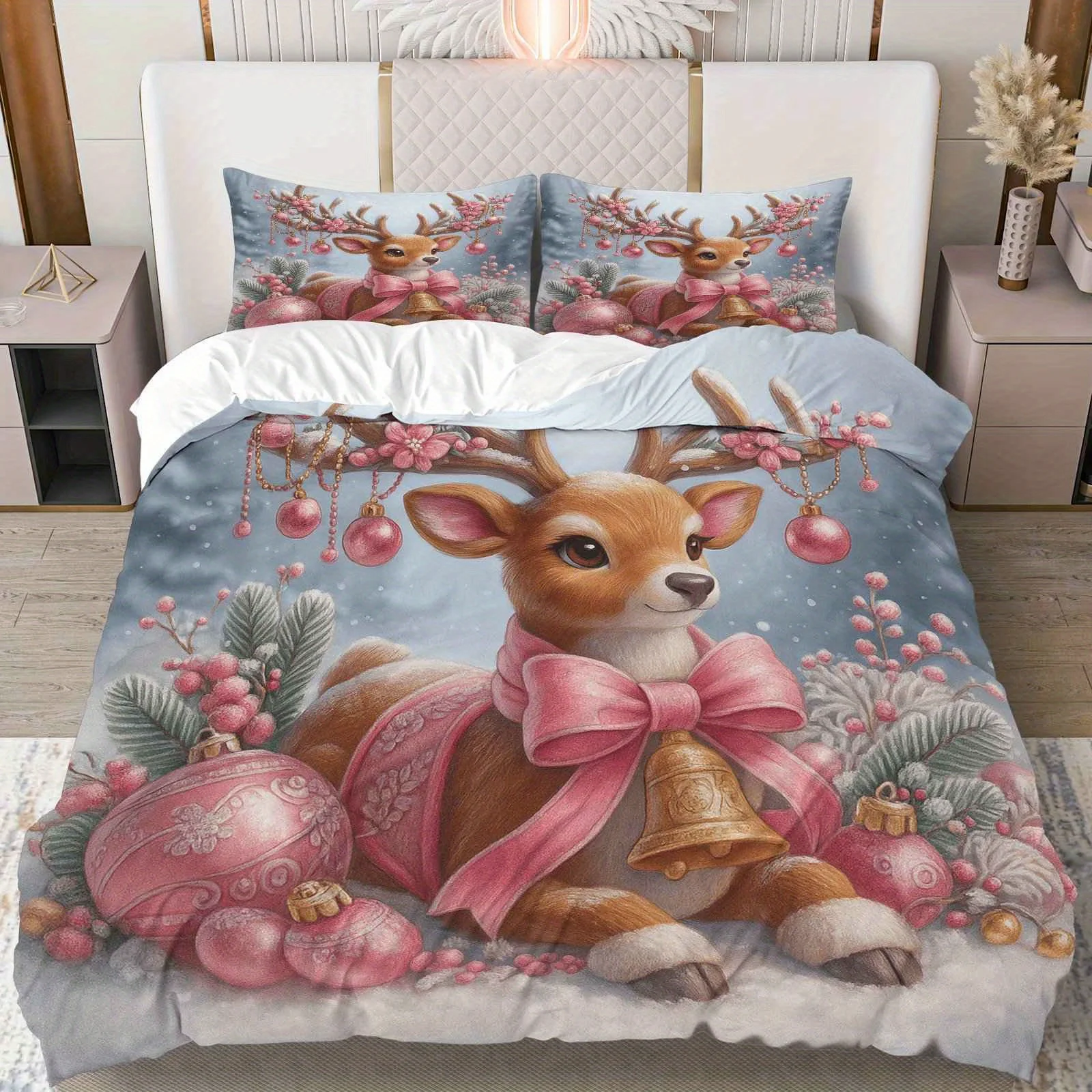 3pcs Duvet Cover Set, 1 Duvet+2 Pillowcases Pink Christmas Deer Winter Snow Scene Theme, Christmas Bedding Set Queen King Size