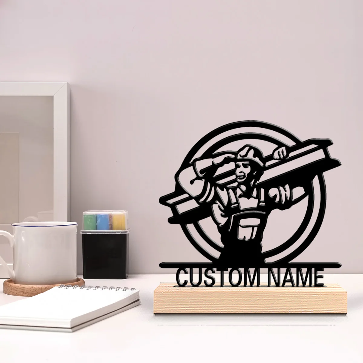 1pc Construction worker Custom Name Metal Statue Iron Ornament Art Figurine With Wood Base Metal Ornament Office Desk
