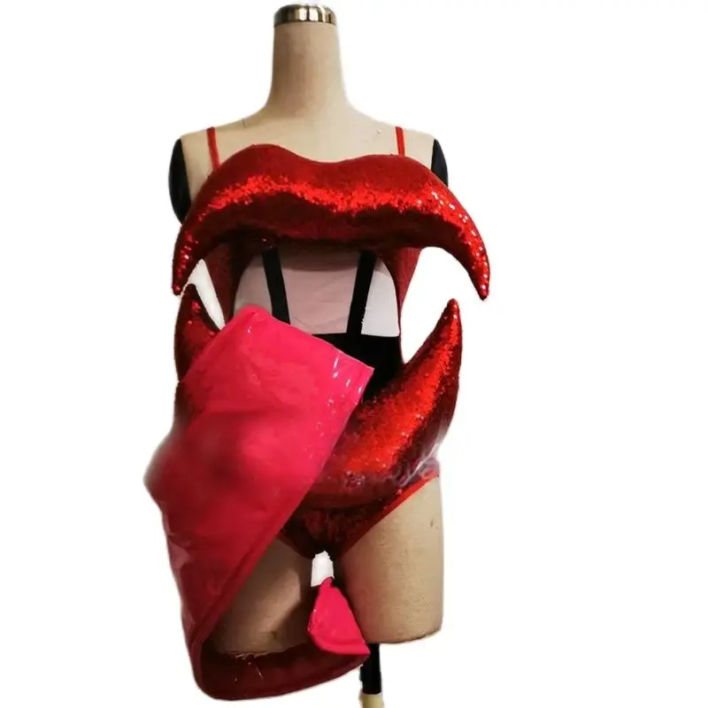 Nowa damska odzież do tańca Gogo Big Lip Red Sequins Bodysuit Women Party Outfit Bar Nightclub Dj Ds Stage Pole Dance Costume Set