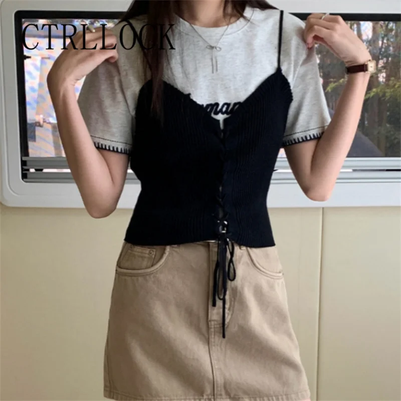 

CTRLLOCK Drawstring Suspender Vest For Women Summer Korean Slim Sleeveless Knitting Vest