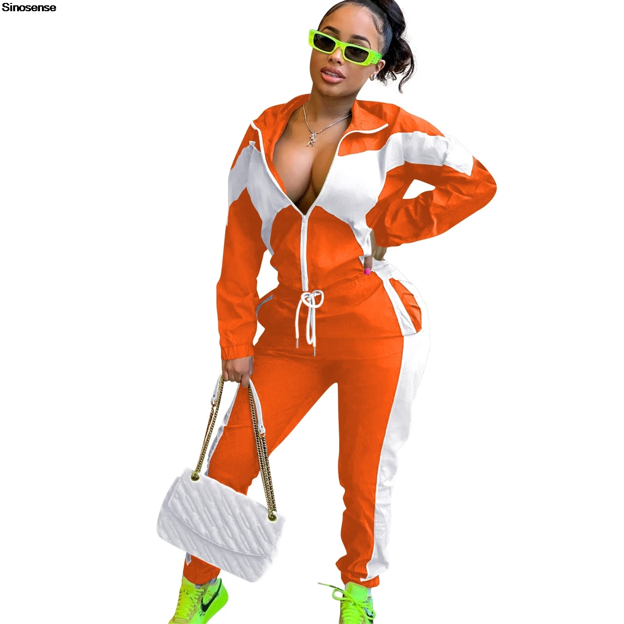 Women's Autumn Fall Two Piece Outfits 2 Pieces Sweatsuit Color Block Zip Top Jacket And Elastic Waistband Pant Tracksuits Sets