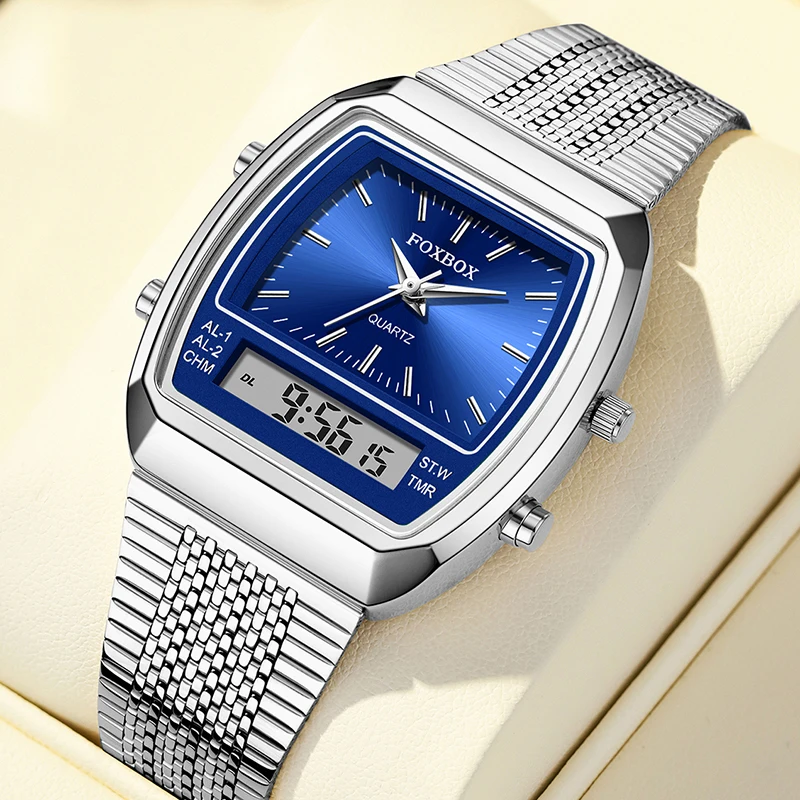 LIGE New Dual Display Watch Women Fashion Elegant Ladies Quartz Watches Square Ultra Thin Mesh Analog Digital Watch For Women