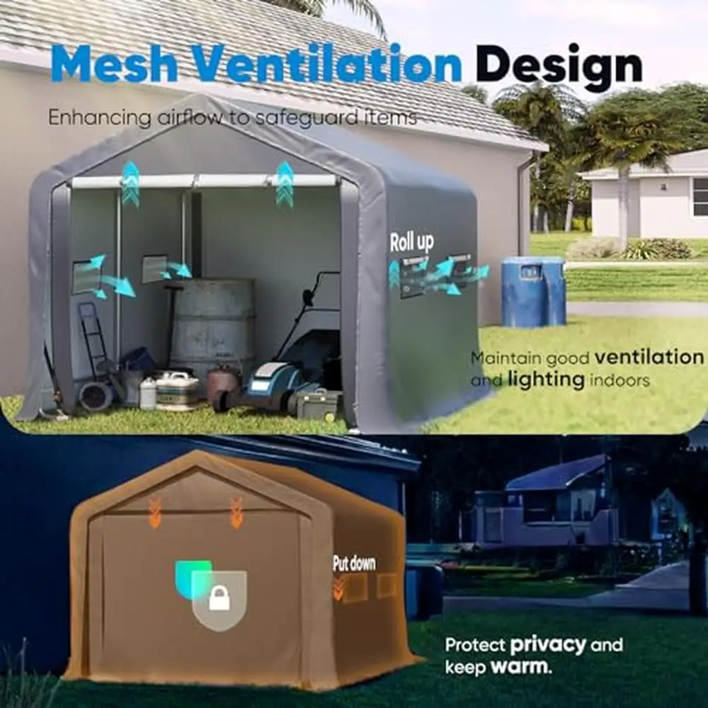 10'x10' Heavy Duty Portable Carport Garage Shelter with Roll-up Ventilated Windows Privacy & Warmth Strong Ratchet Straps