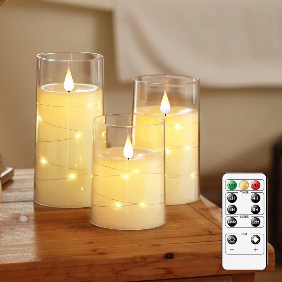 شموع LED عديمة اللهب مع سلسلة نجمة مدمجة تعمل بالبطارية، ضوء شمعة عمود وامض مع جهاز تحكم عن بعد ومؤقت لديكور المنزل