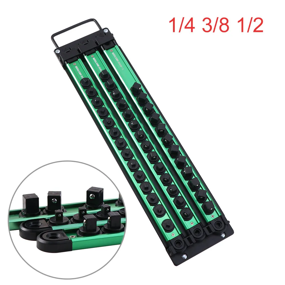 Magnetic Sleeve Storage Rack 1/4 3/8 1/2 Inch Green Socket Clip Rail Holder 360° Rotating Plug Plate Hanging Storage Strip