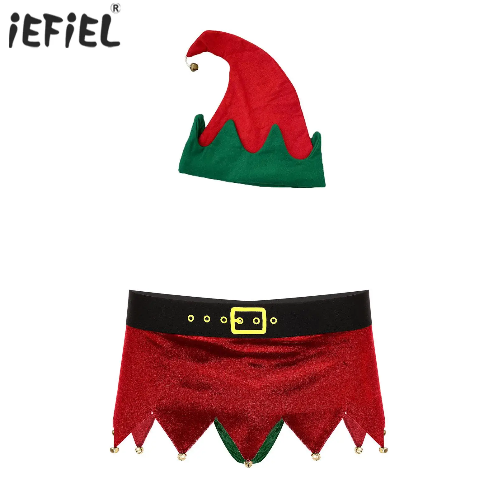 Mens Christmas Lingerie Costume Boxer Briefs Set Elastic Waistband Jagged Bells Underwear with Hat for Holiday Party Festival