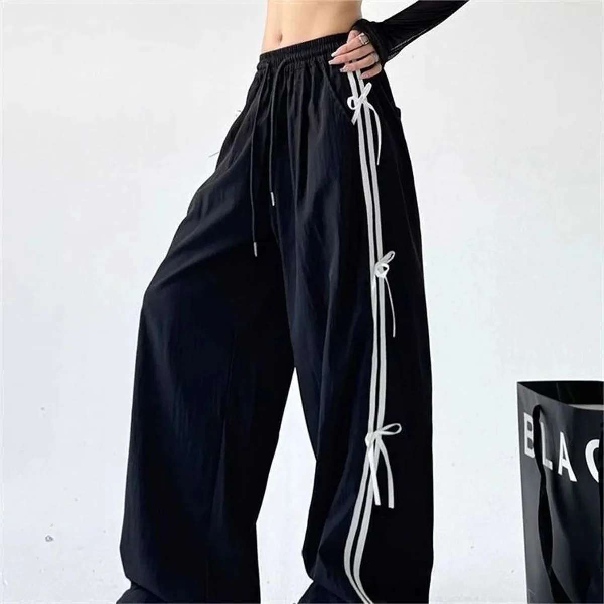

Retro Side Stripe Bowknot Wide Leg Pants High Waist Women's Cleanfit Sle Trousers Ladies Faion Winter Collection