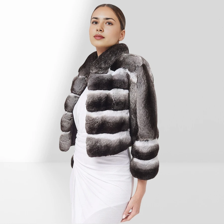 Elegant Chinchilla Fur Jacket Short Real Rex Rabbit Fur Coat With Collar Women's Short Fur Coat Fashion Luxury Leather Jackets