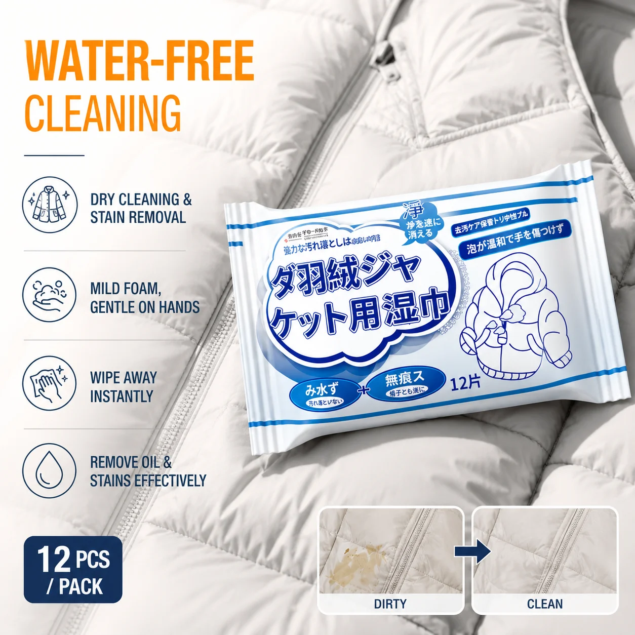 Down Jacket Cleaning Wipes Free Wash Stain Remover Foam Portable Travel-Size Fabric Cleaner Winter Coats Efficient Care Wipes