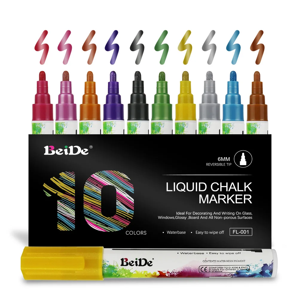 

Metallic Chalk Markers (10 Pack) Liquid Chalk Pens - For Blackboards, Chalkboard, Bistro Menu, Window, 6mm Reversible Tip