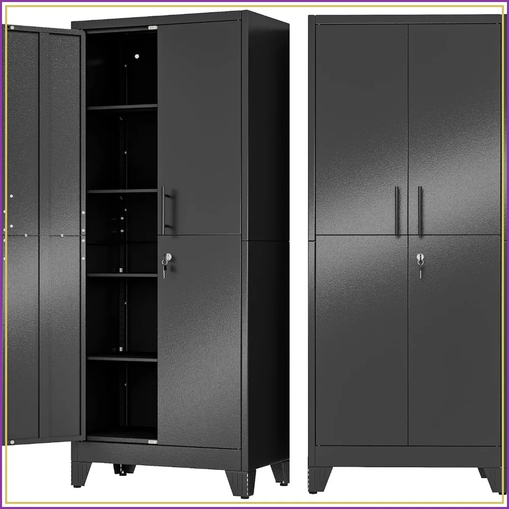 Black Metal Kitchen Pantry Cabinet, 71 Inch Lockable Storage Cabinet for Office