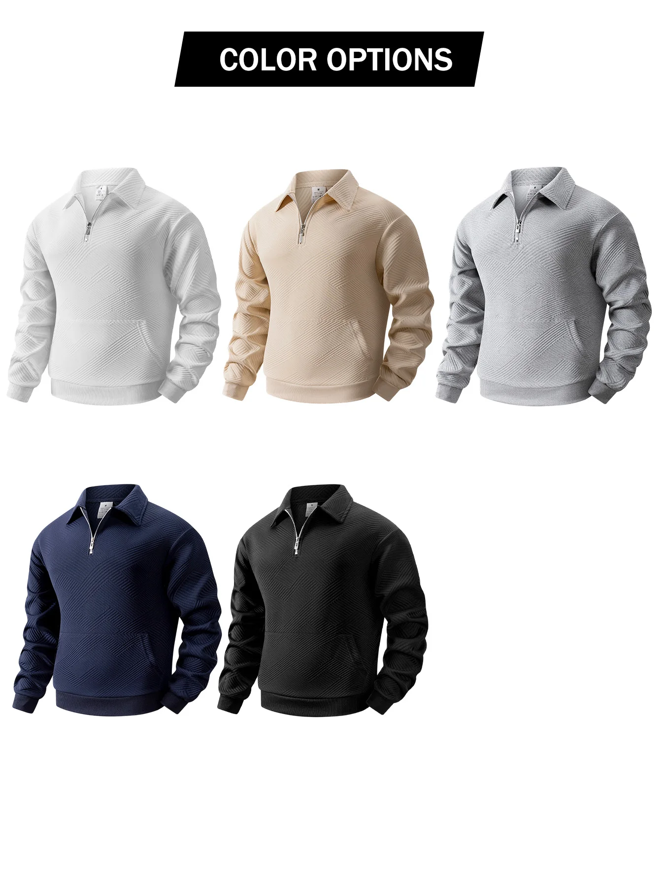 Herren Geometrischer Jacquard Viertelreißverschluss-Polo-Sweatshirt Langarm Gerippter Saum Kängurutasche Atmungsaktiver Strick-Freizeitpullover – Detail 3