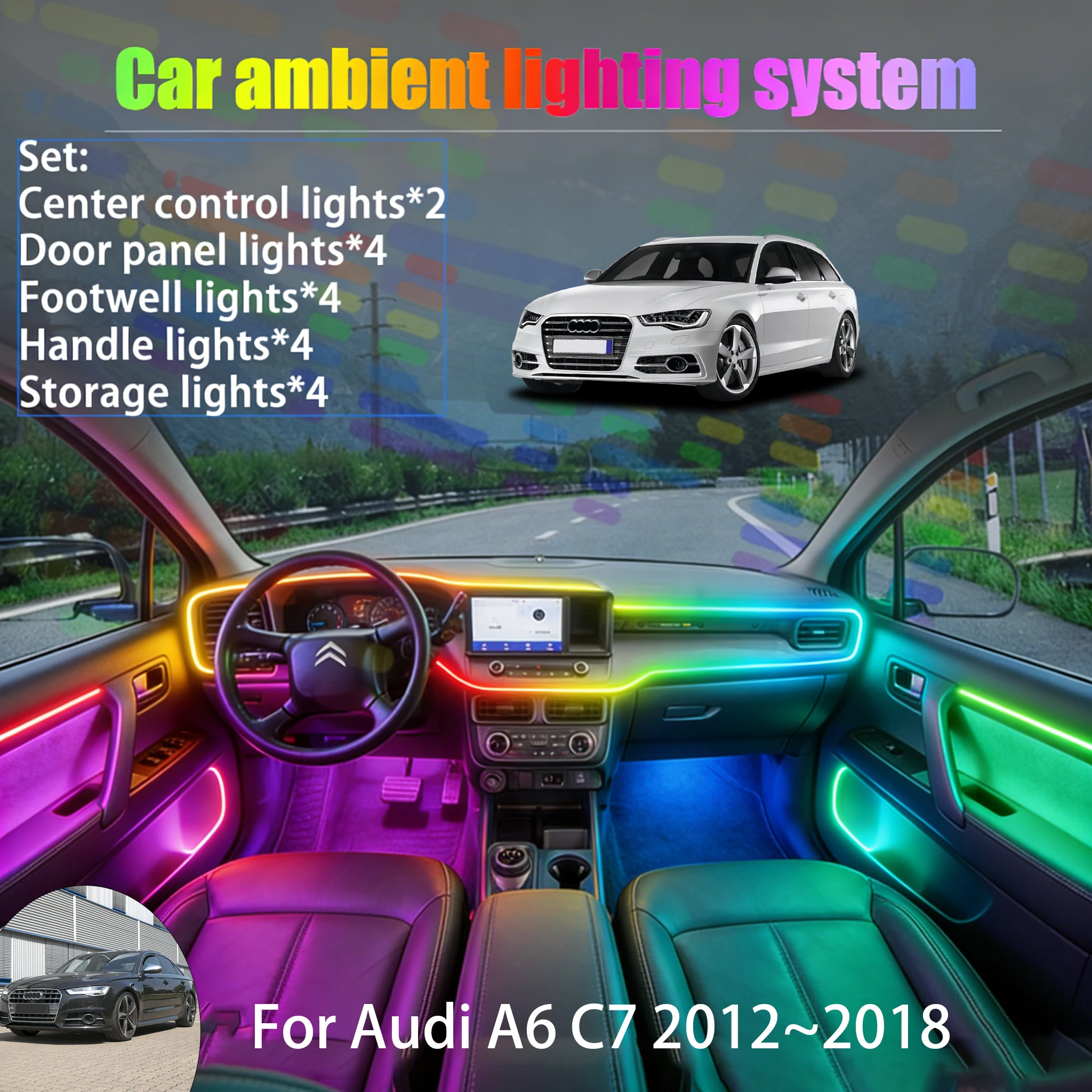 

Для Audi A6 C7 2012~2018 4G 4F 2/18 в 1: Комплект светодиодной подсветки салона и багажника USB RGB, атмосферная подсветка, автозапчасти