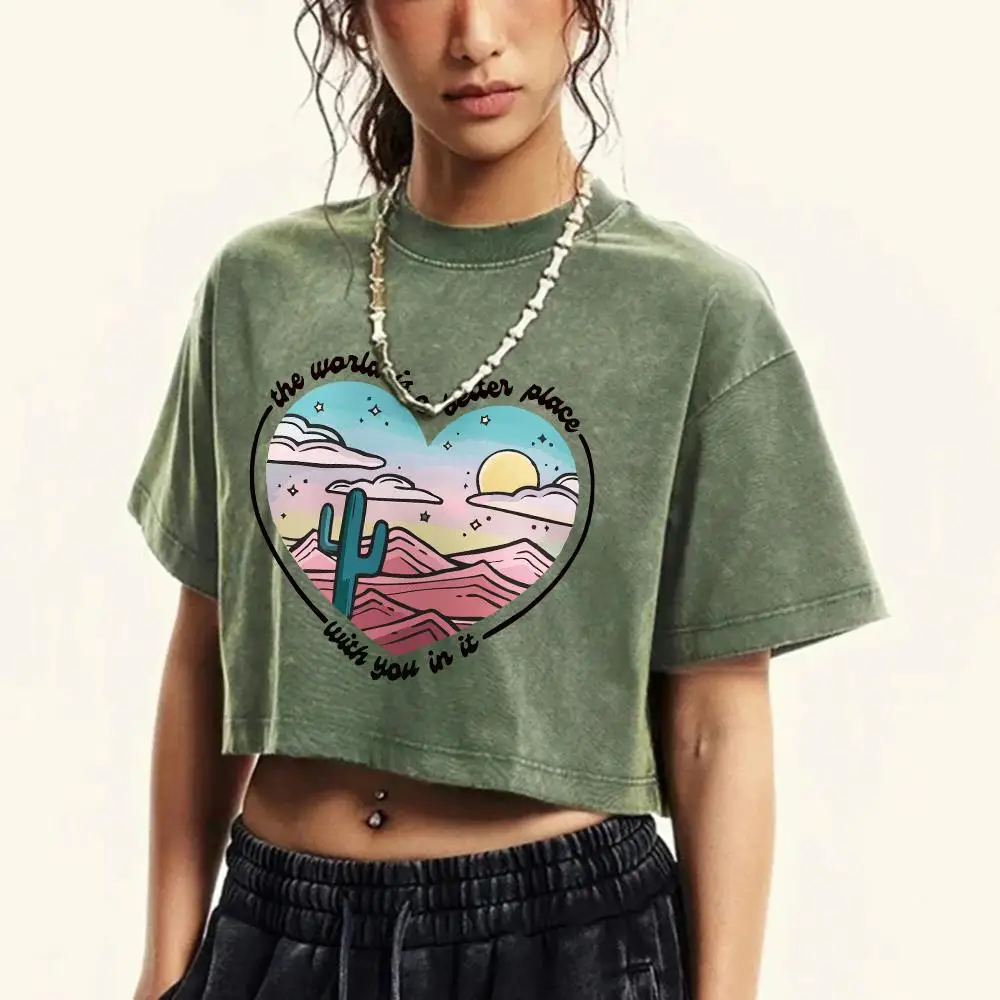 Damen-T-Shirts aus gewaschener Baumwolle, Sommer, reguläre Passform, O-Ausschnitt, bauchfreie Tops, The Waild Is A Better Place, T-Shirts mit Buchstabendruck, Straßenkleidung