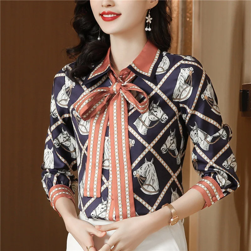 Women\'s Fashion Baroque Shirts Chic Bow Tie Vintage Printed Loose Classic Elegant Blouse Spring Long Sleeve Temperament Tops