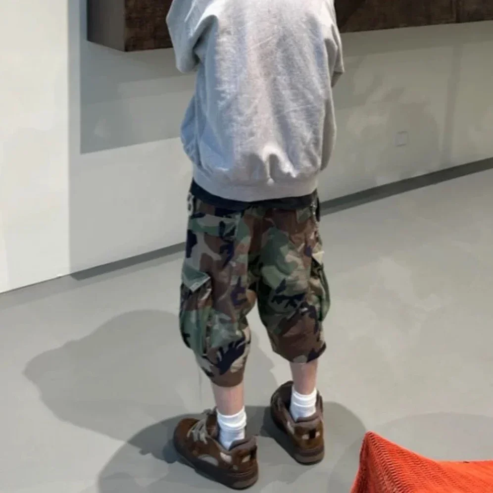Men's Silhouette Camouflage Cargo Shorts Wide Leg Patchwork Baggy Cropped Shorts Oversized Loose Fit Over-Knee Summer Pants