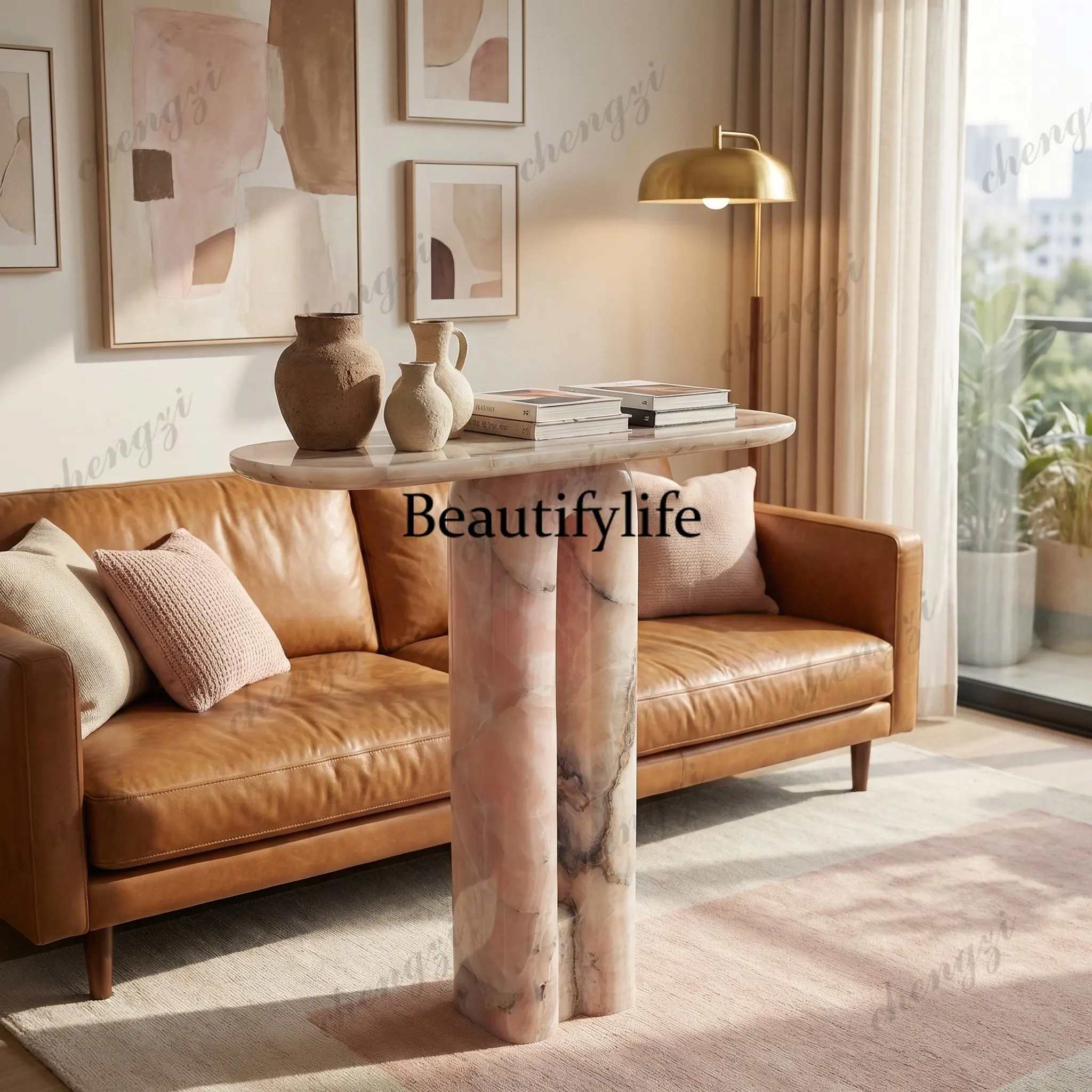 Pink natural agate jade, villa hotel model room, living room entrance table and counter case
