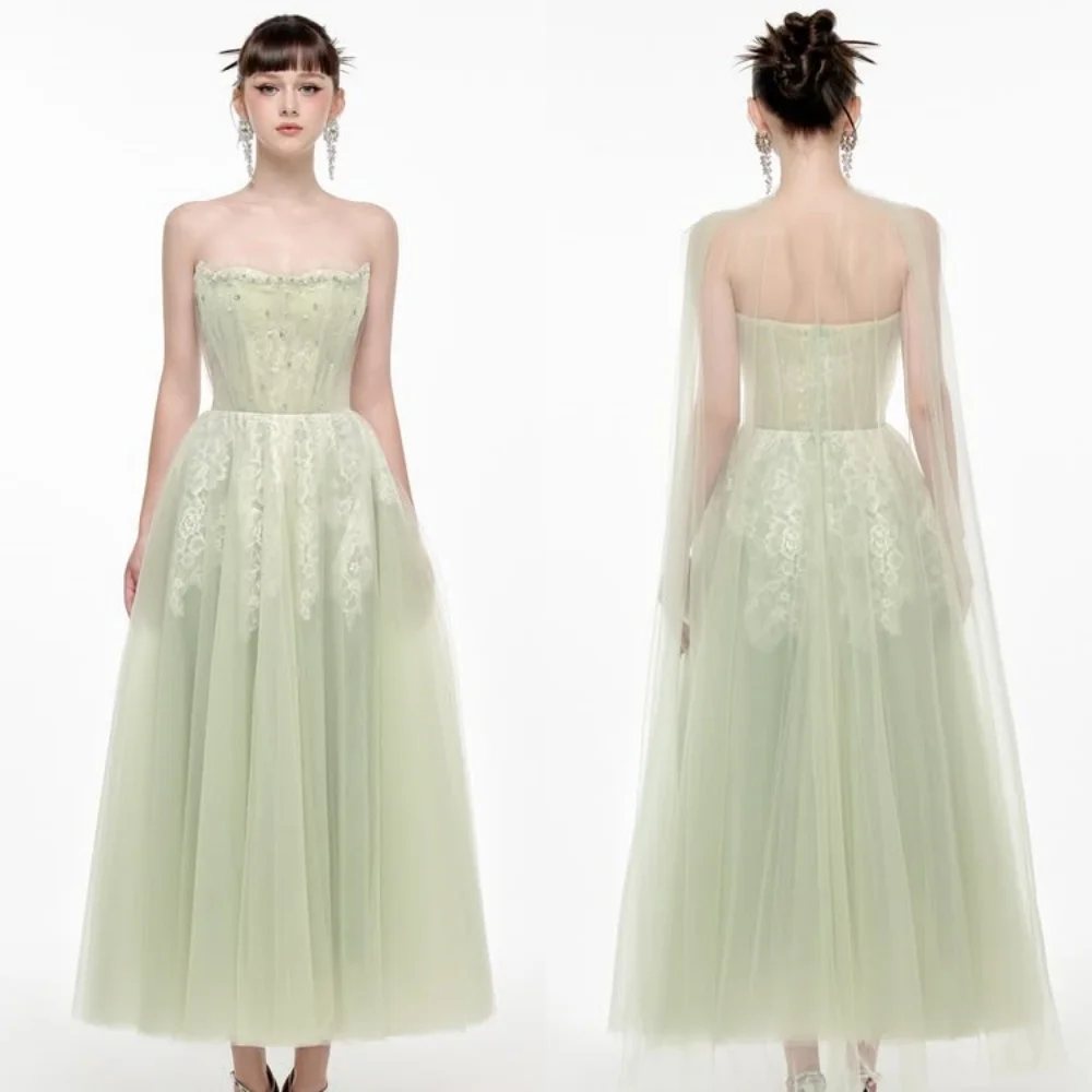 

Customized Intricate Sexy Tulle Rhinestone Beading A-line Strapless Ankle Length Dresses Bespoke Occasion Dresses Modern Style