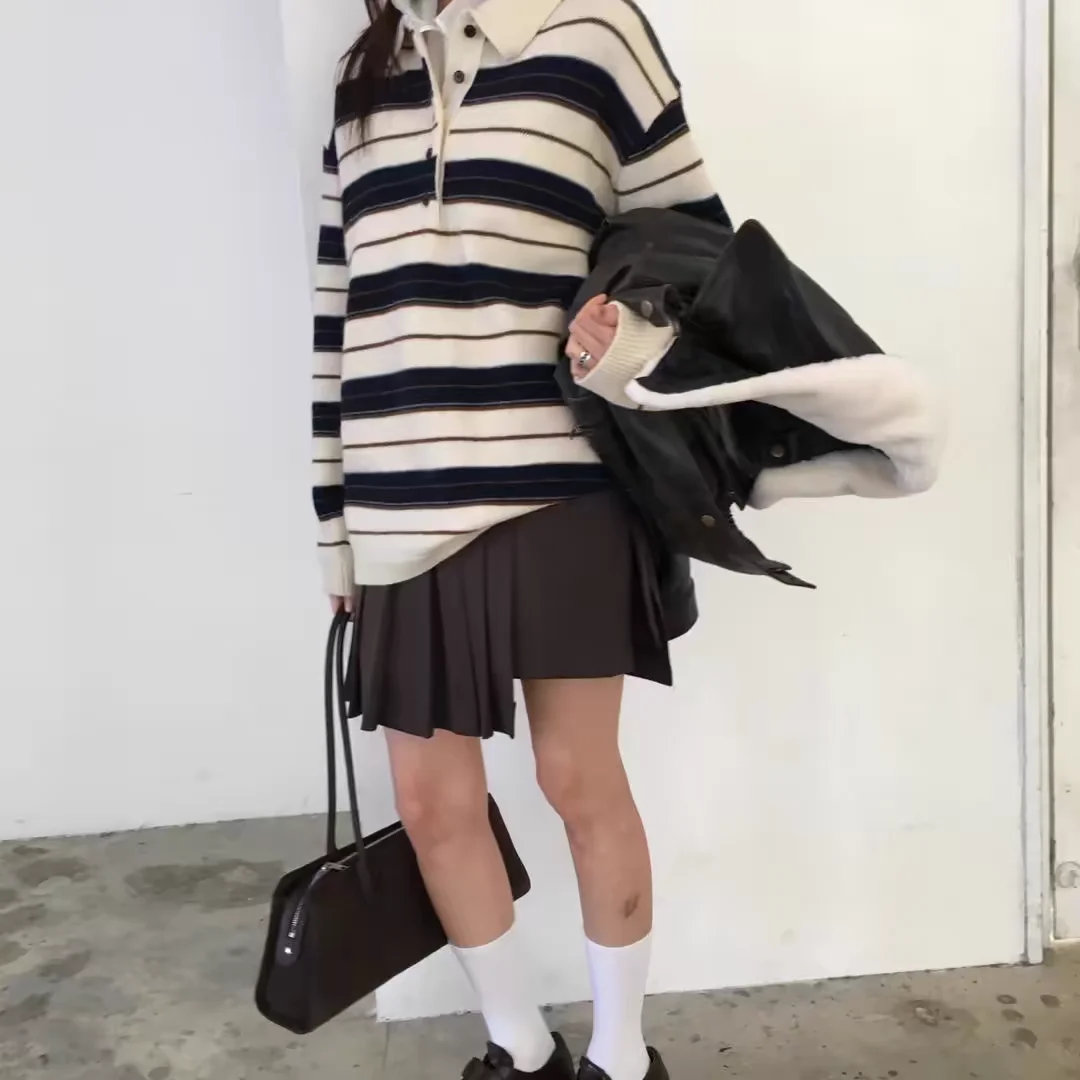 Retro Korean Style Striped Loose Fit Long Sleeve Knitwear Casual Comfortable Warm Collared Sweater for Women Spring Autumn Wi...