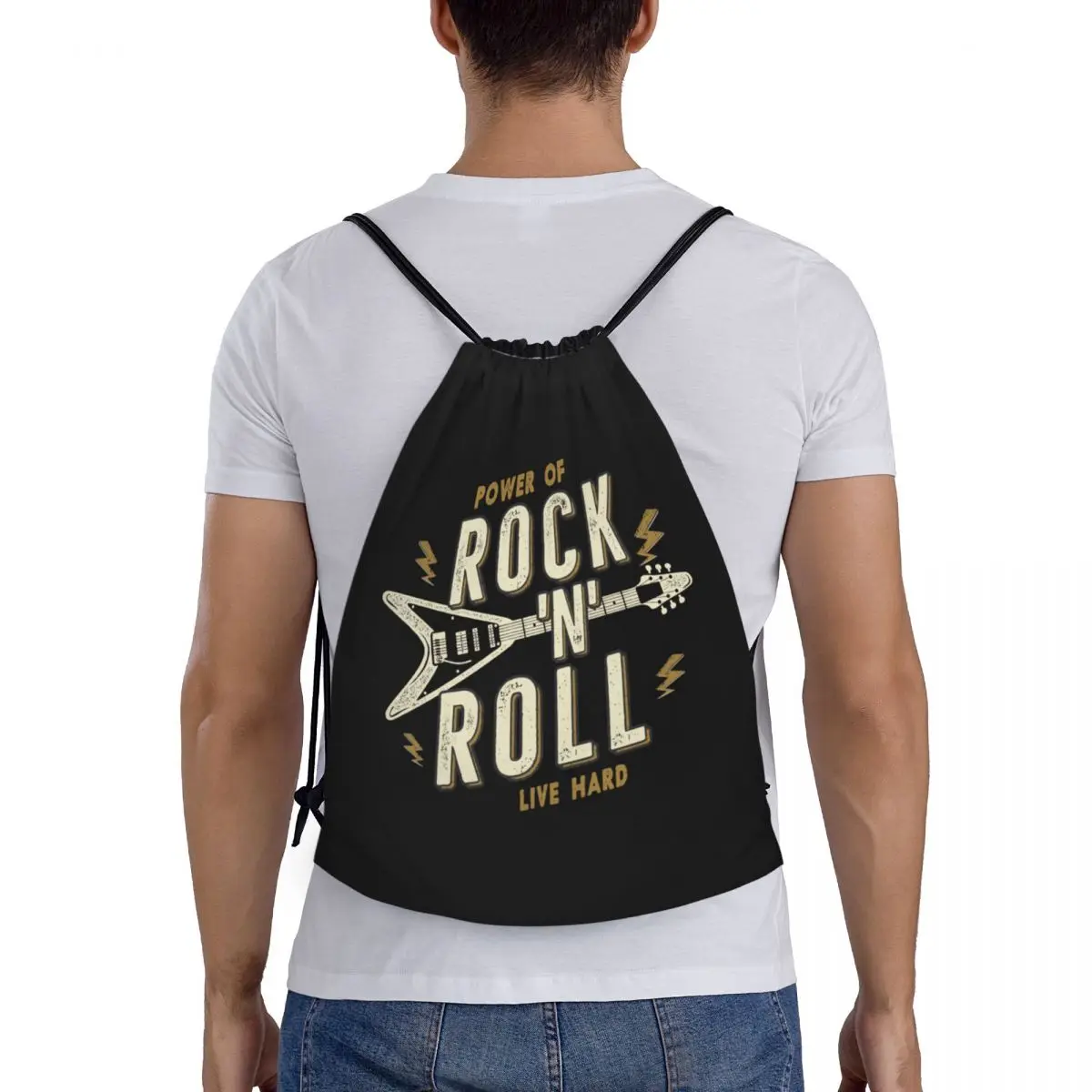 Custom Power Of Rock N Roll Drawstring Bag Men Women Lightweight Heavy Metal Music Sports Gym Storage Backpack