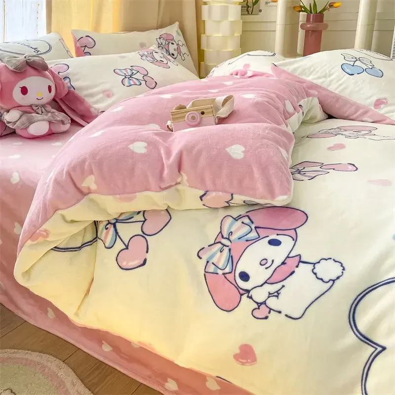 Sanrio Cartoon Milk Fleece 3kg Cinnamoroll Melody Four-piece Kuromi Flannel Three-piece Quilt Cover Sheet Pillowcase