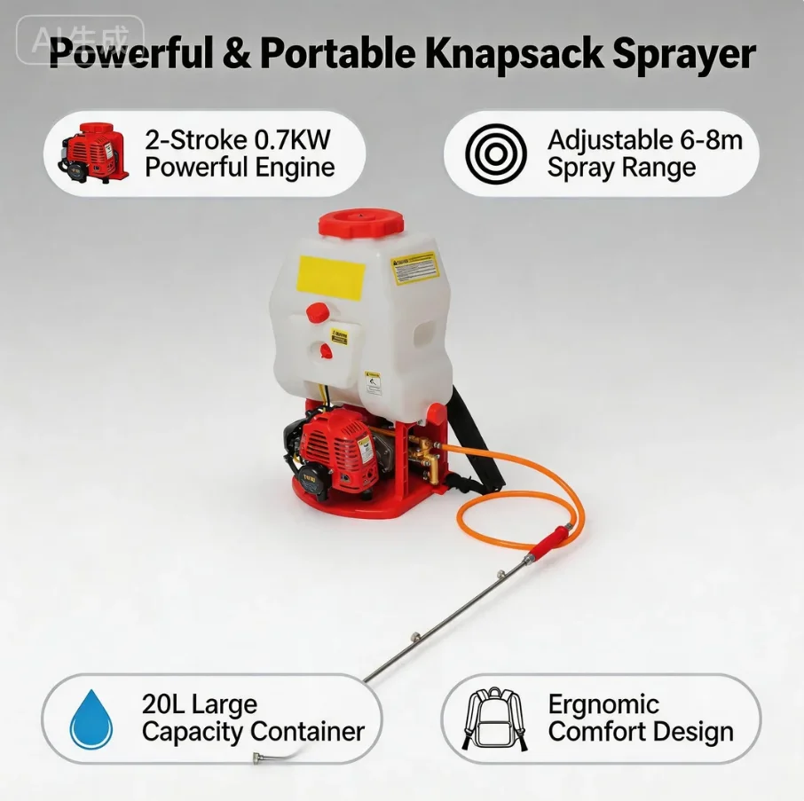 Backpack Sprayer 20L 25.4cc 2-Stroke High Pressure 6-8M Range Adjustable Nozzle Agricultural Mist Blower for Farm Orchard Garden Pest Control Disinfection