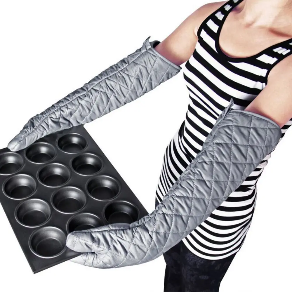 Heat Resistant Long Cotton Oven Mitts Thickened Insulated Kitchen Microwave Mittens Cotton Lining Angled Cuff