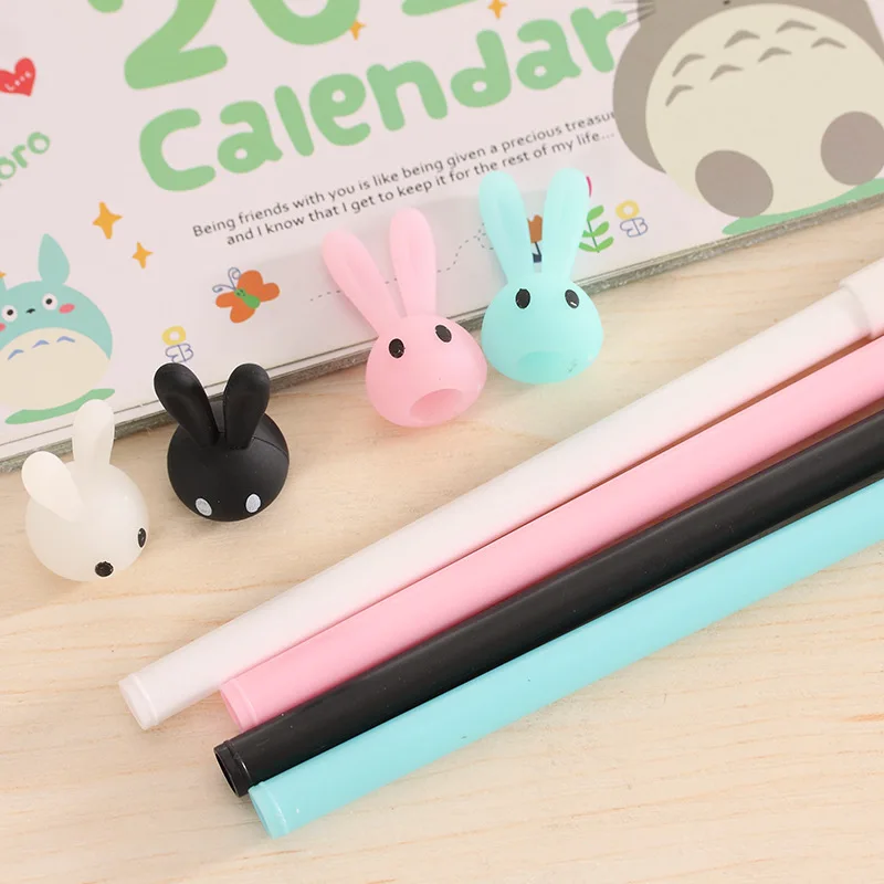 6Pcs Random Color Cute Long Ears Rabbit Gel Ballpoint Pens Creative Black Ink Neutral Pens School Office Supply