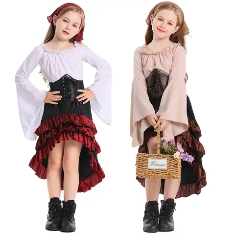 Halloween Kids Girls Medieval Pirate Cosplay Costume Captain Huntress Corset Dress Lace Up Retro Gothic Suit Fancy Party Dresses