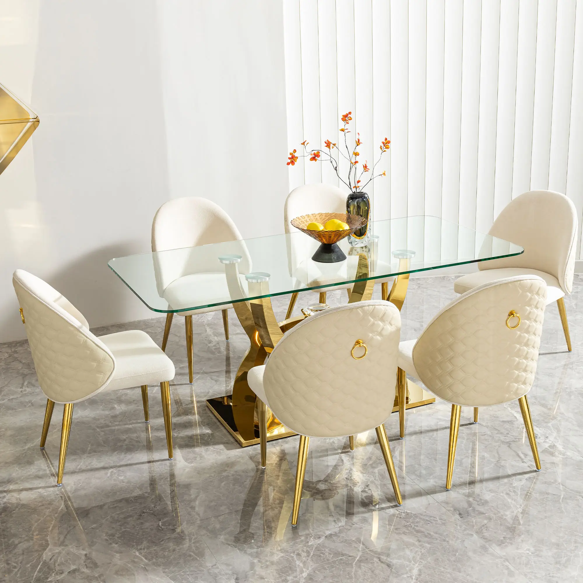 &c Modern Rectangle Tempered Glass Top Stainless Steel Dining Table Set for Living Room