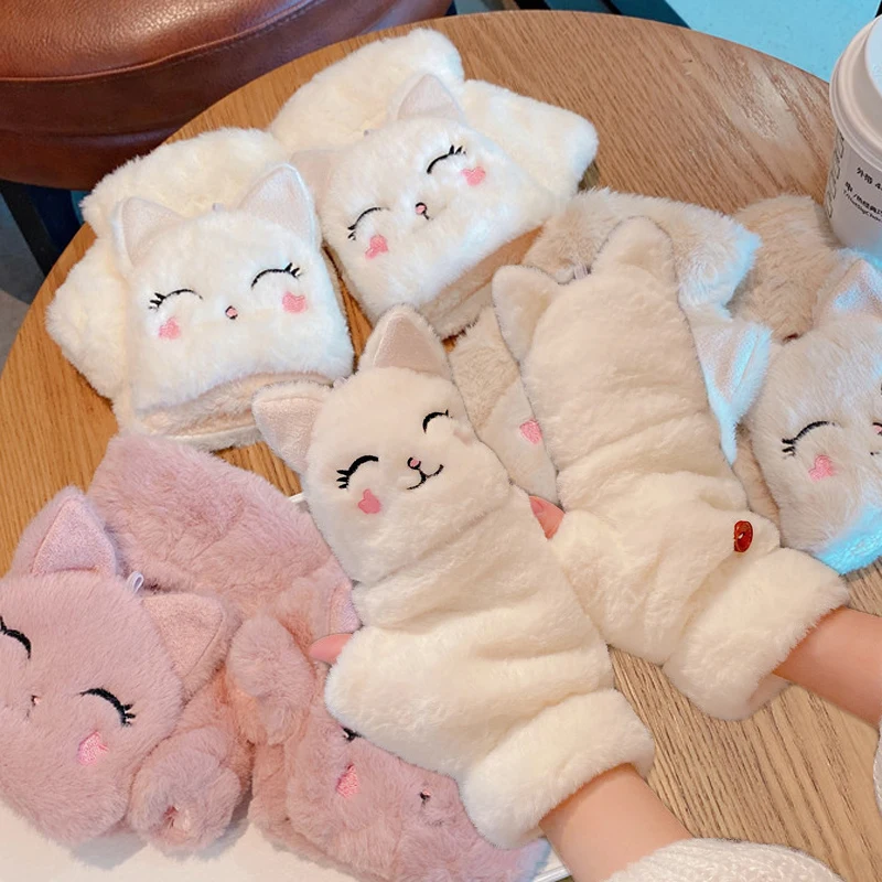 

Winter Fur Rabbit Cat Furry Half-finger Gloves Mittens Fingerless Gloves Women Girls Plush Warm Gloves Soft TouchScreen Mittens