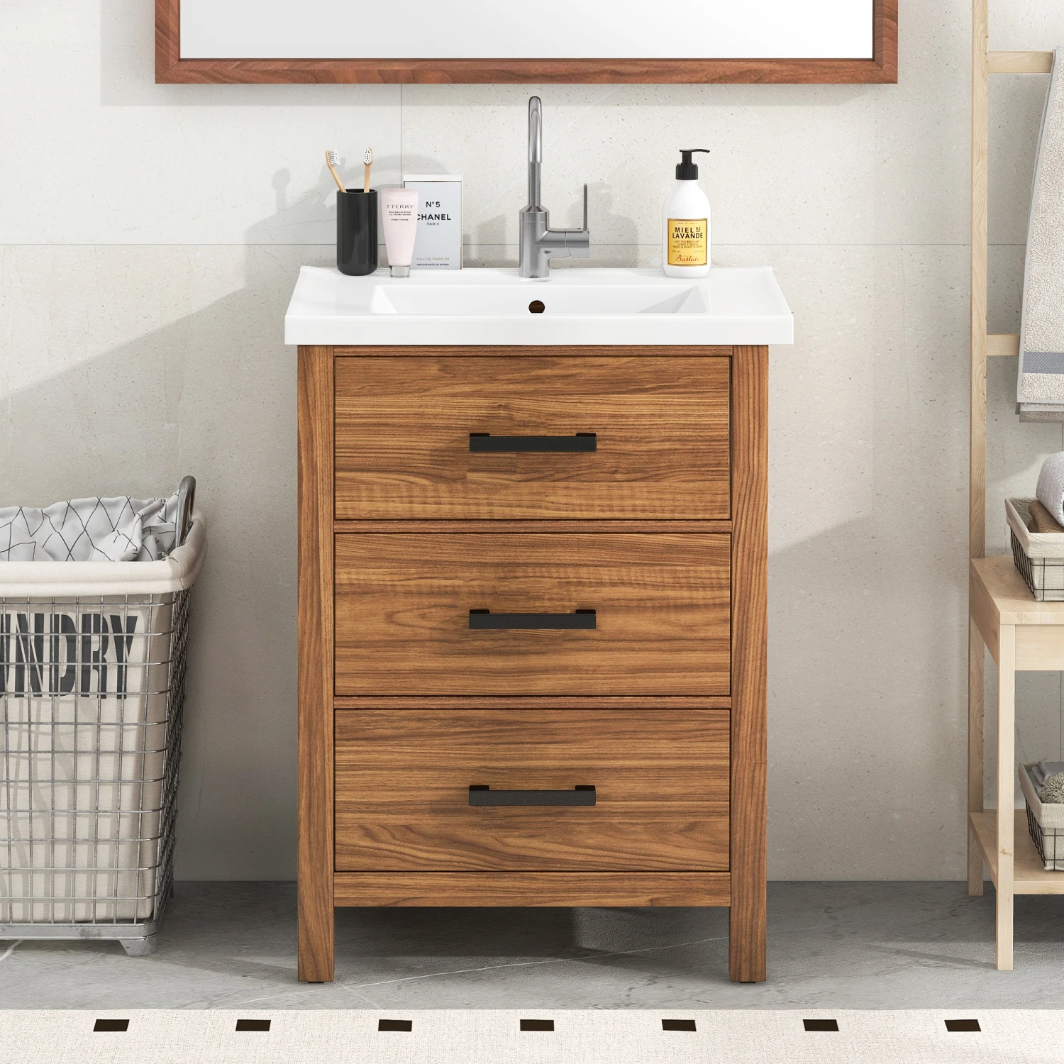 

24'' Bathroom Vanity with Ceramic Basin Sink, Modern Bathroom Storage Cabinet with 3 Drawers, Freestanding Bathroom Vanity Cabin