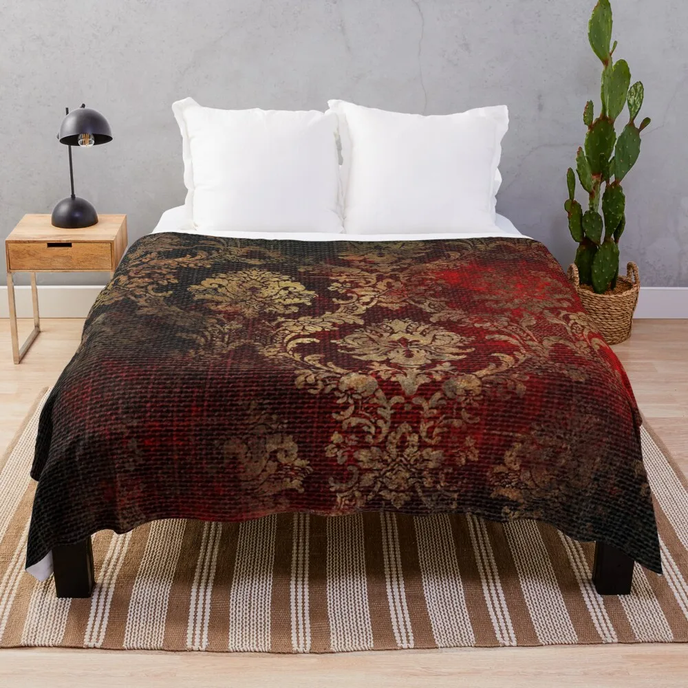 Elegant Black and Red Faux Tapestry With Gold Damask Pattern Throw Blanket Furry Blankets anime