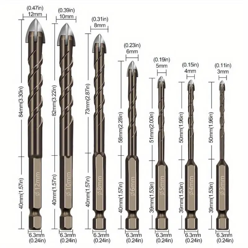 7Pcs Multi Functional Drill Bit Set Sharp Triangular High Hardness for Tiles Glass Concrete Marble Wood Steel Plates Cross