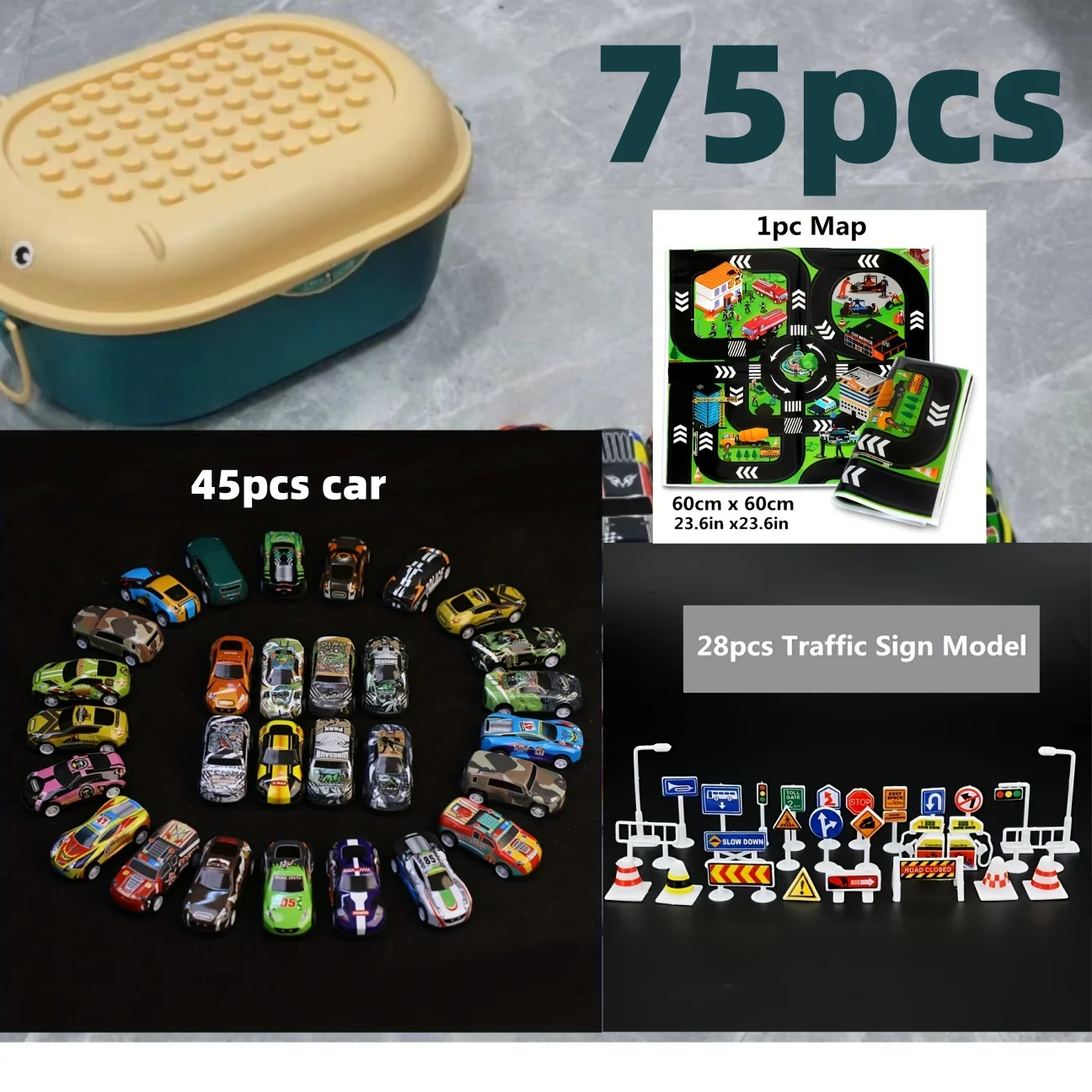 

Крутой и стильный набор из 75 предметов (дорожные знаки, карты, мини-модели автомобилей) с коробкой для хранения, литые игрушки для мальчиков, инерционные машинки, детский подарок