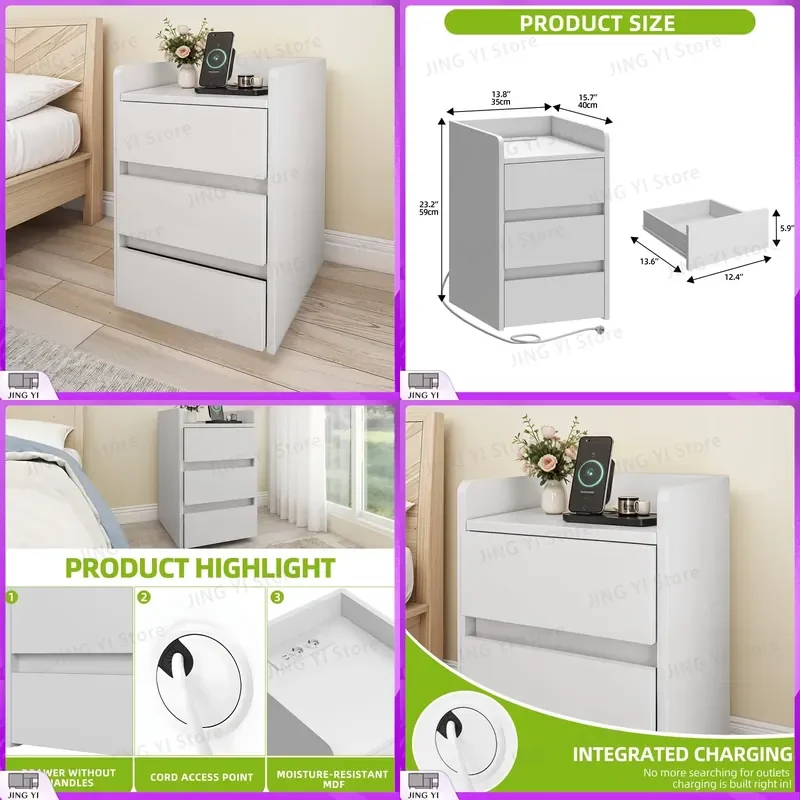 

3 Drawer Nightstand with USB Charging Station White Water Resistant Bedside Table for Bedroom Living Room Modern Small Space