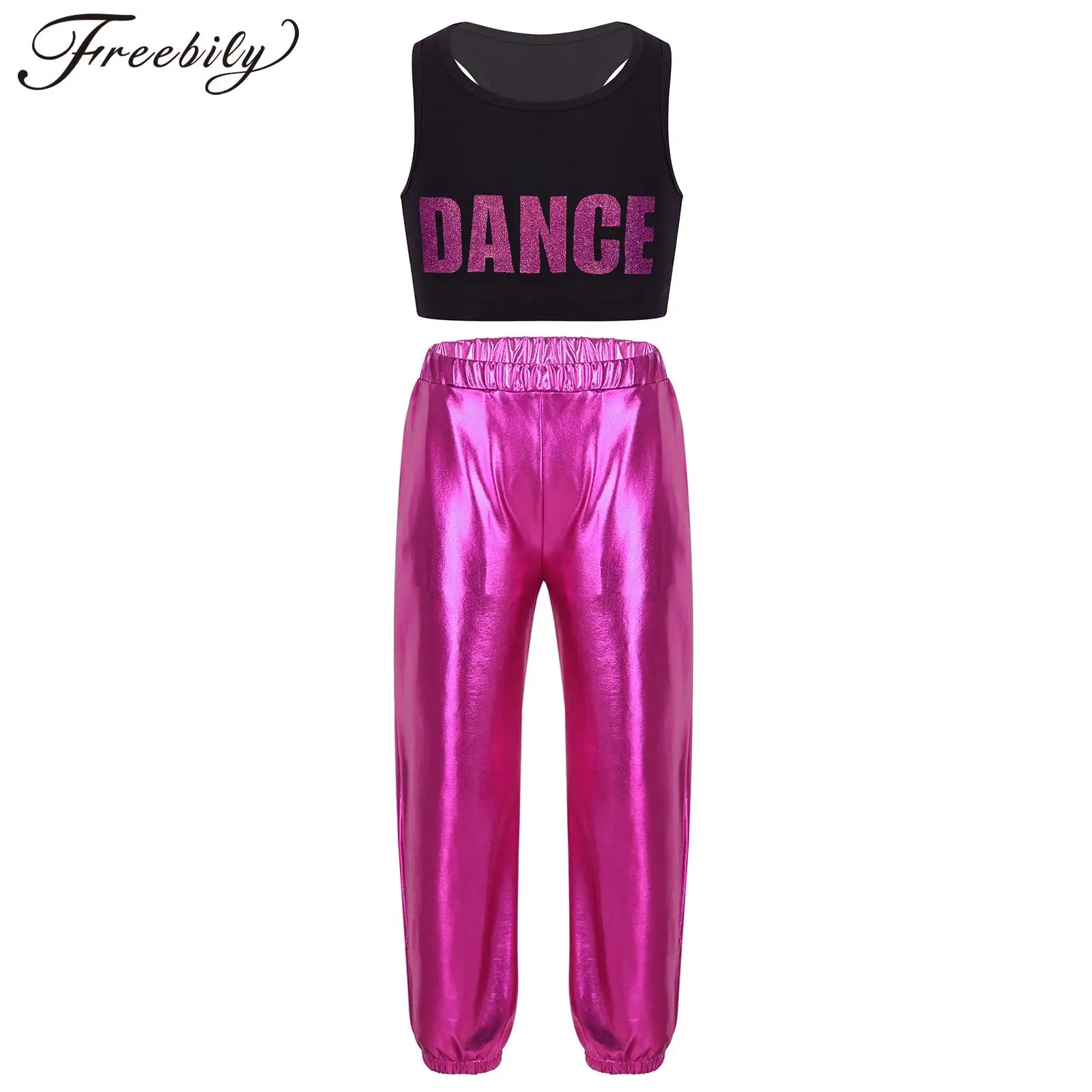 

Kids Girls Sleeveless Jazz Dance Clothes Sets Performance Costumes Two Pieces Shiny Letters Printed Crop Top + Metallic Pants