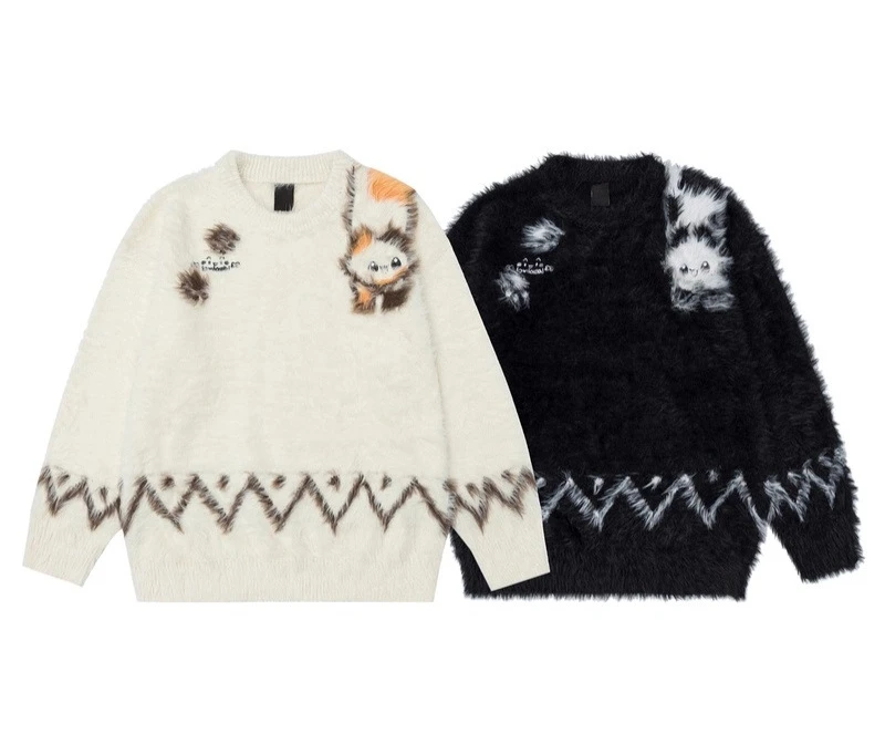 Sweater Rajut Wanita Gaya Amerika Motif Kucing Jacquard Mohair Hitam Kerah Bulat Musim Gugur Musim Dingin Gaya Pasangan Longgar Kasual Warna Aprikot