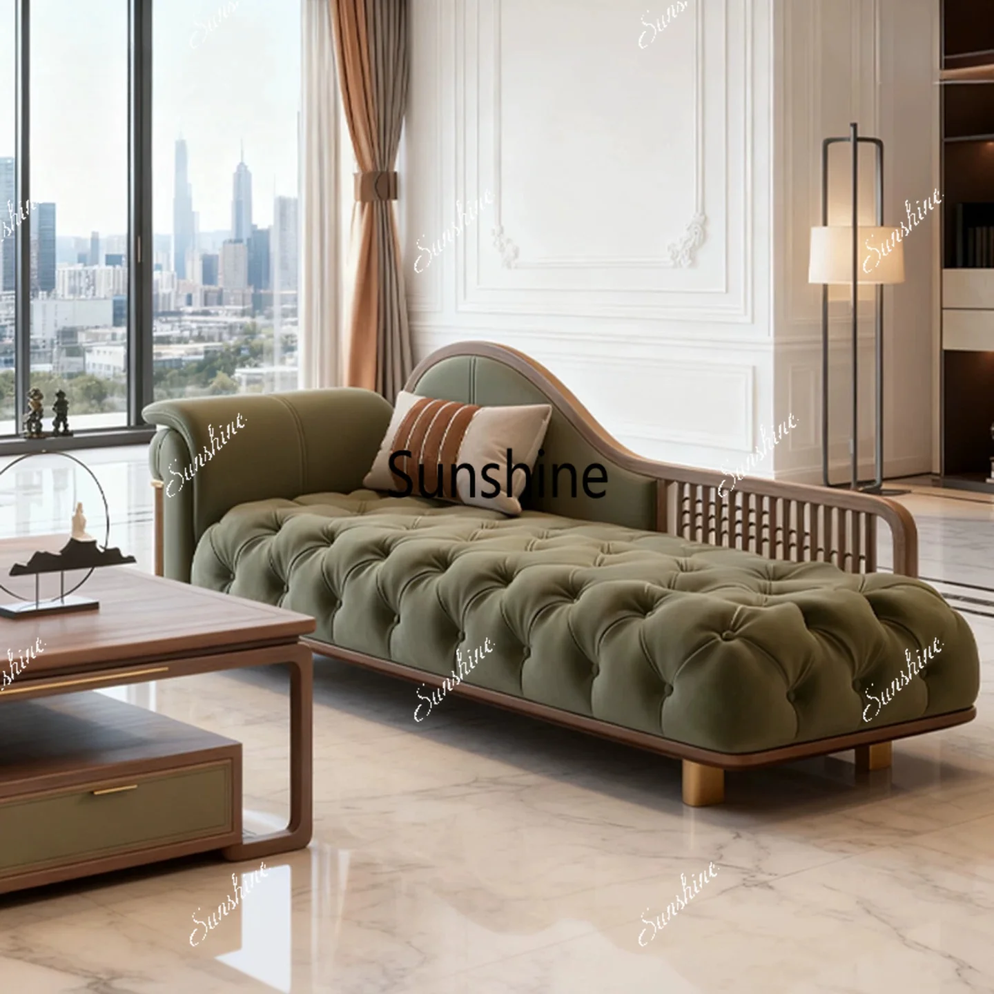New Chinese-style chaise longue bedroom high-end clubhouse leisure solid wood chaise longue