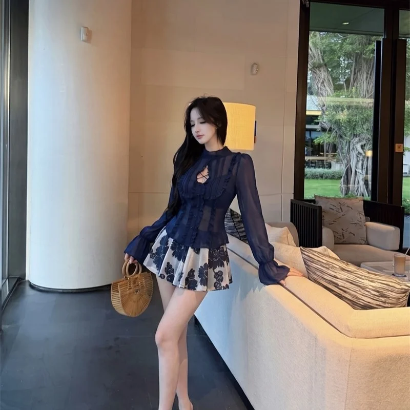 Autumn 2026 New Style Wood Grain Ruffle Shirt Hollow out Embroidery 3D Waterdrop Skirt Set Women's Fashion Short Sleeve Top
