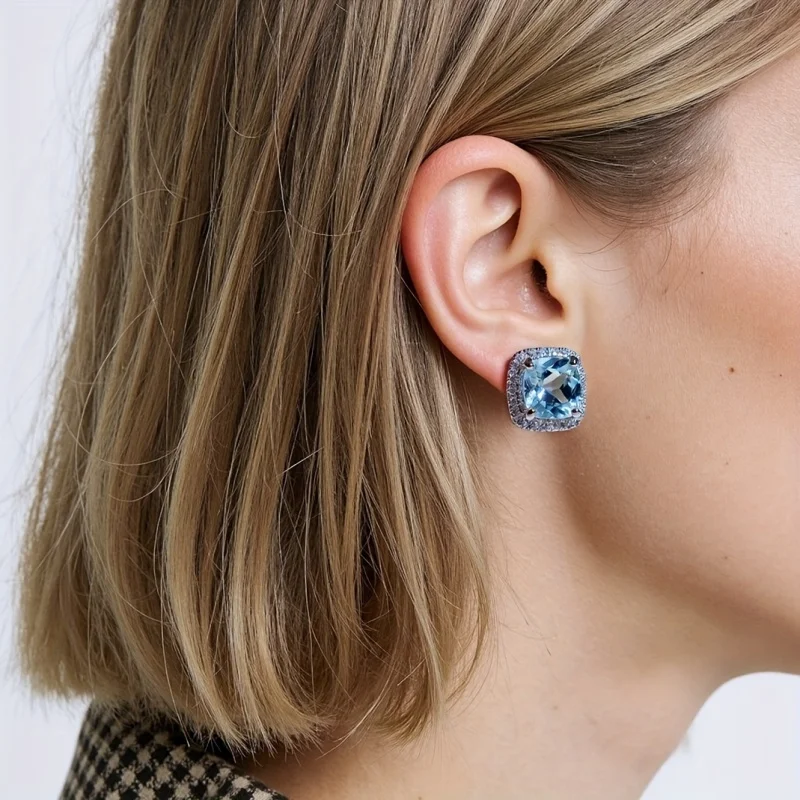 SGARIT 100% 925 Real Silver 7mm Topaz Cushion Cut Earrings for Women Natural Sky Blue Stud Earrings Party Gifts