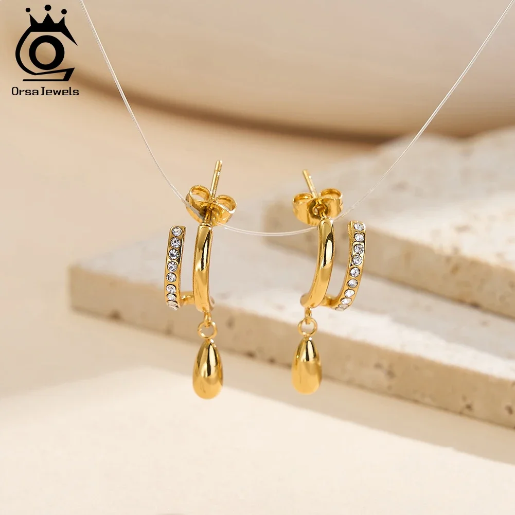 

ORSA JEWELS Stainless Steel Cubic Zircon Dangle Earrings for Women Waterdrop Charms Texture Trendy Wedding Jewelry STKE26