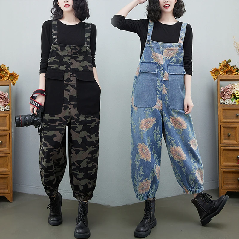 Celana Jeans Wanita Ukuran Besar Pinggang Tinggi dengan Celana Harlan Motif Besar, Celana Denim Nine Points Waed Bermotif Artistik untuk Aktivitas Sehari-hari