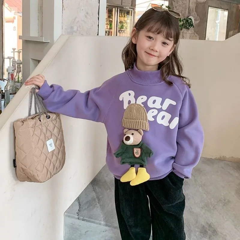 

Girls' 2025 New Arrival Autumn/Winter Stylish Fleece-Lined Thickened Crewneck Pullover Sweatshirt for Little Girls