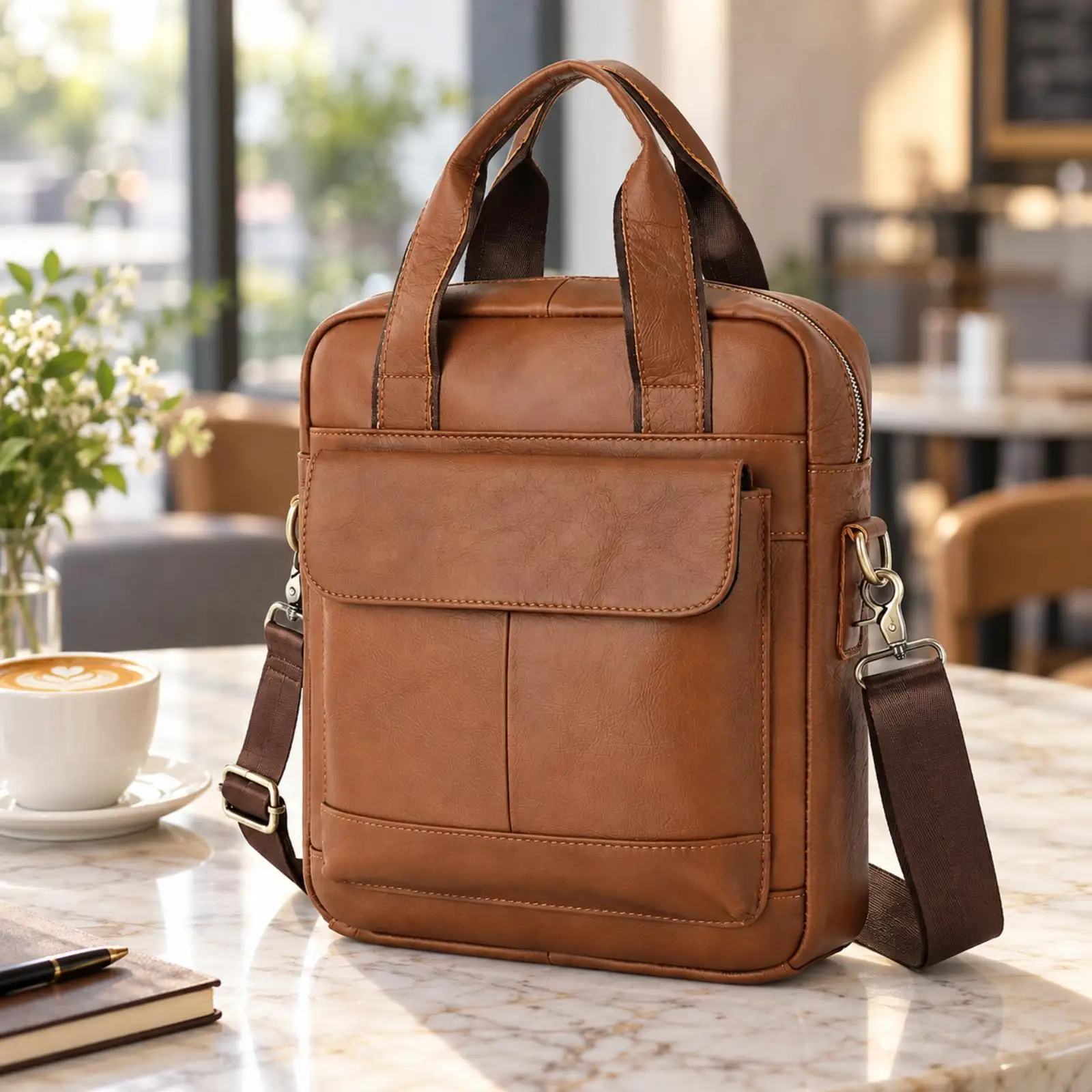 Men Vertical Business Handbag Genuine Cowhide Leather Shoulder Bag for Daily Office Use with Metal Clasps