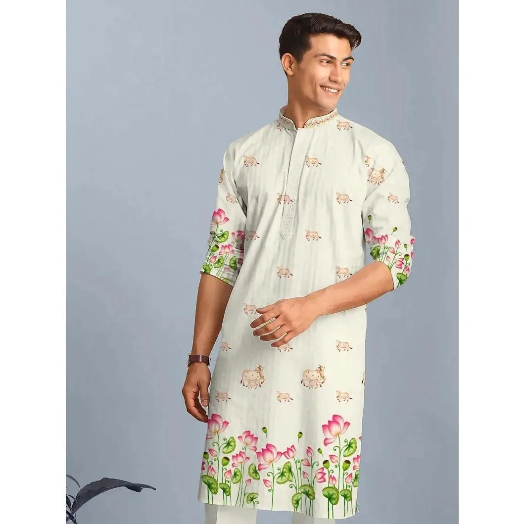Lotus flower Shirts Muslim Men Prayers Clothes Luxury African Style Bronzing Printed Dress Men Costumes Arabic National style
